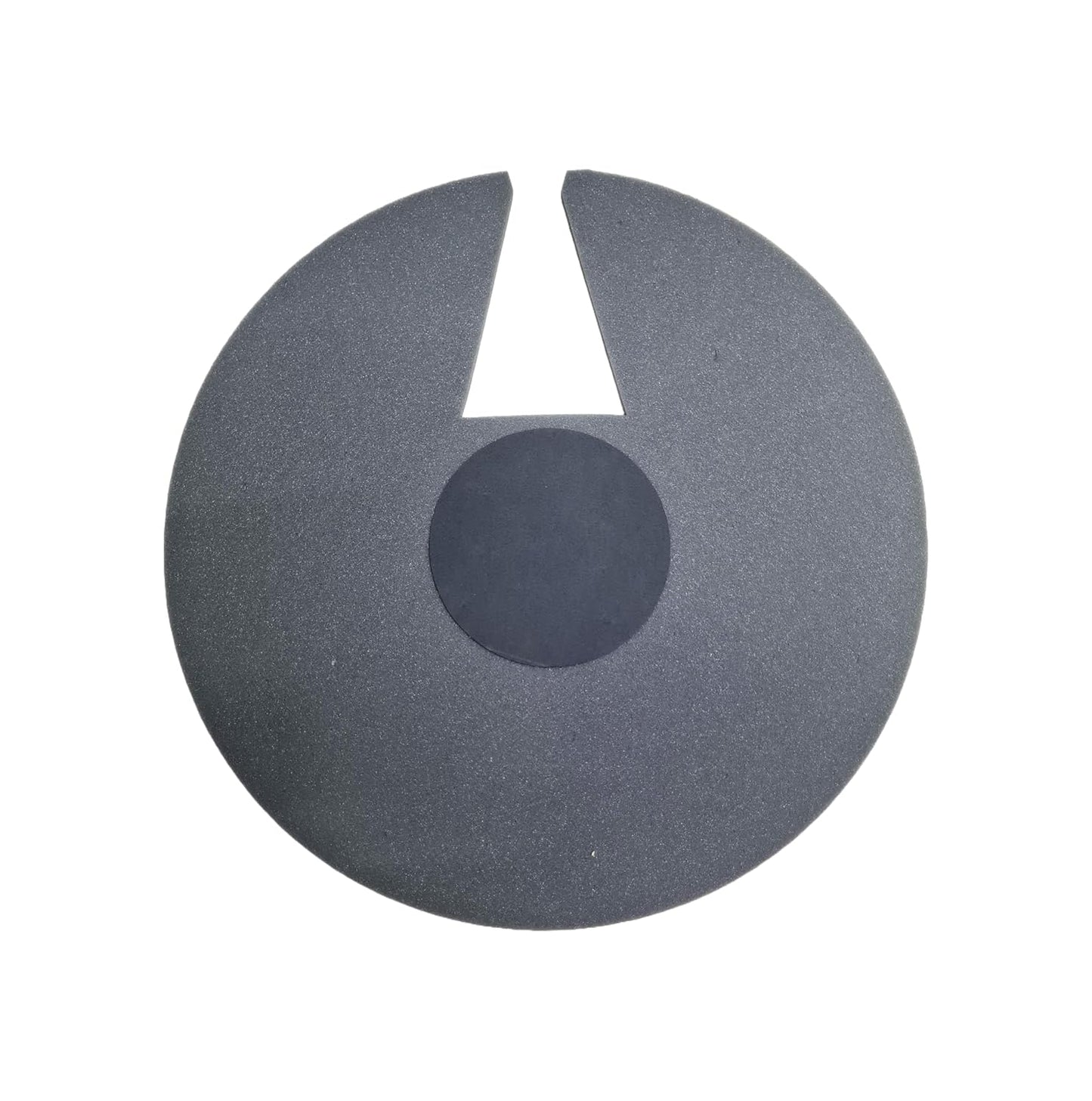 Black circular object with a central cutout on a white background