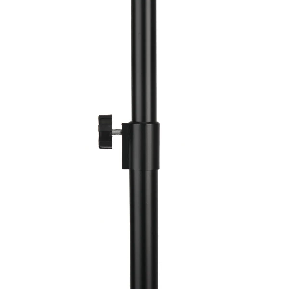 Black shower curtain rod with bracket on a white background