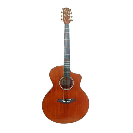 Wood-finished acoustic cutaway guitar with six strings and elegant detailing on a white background