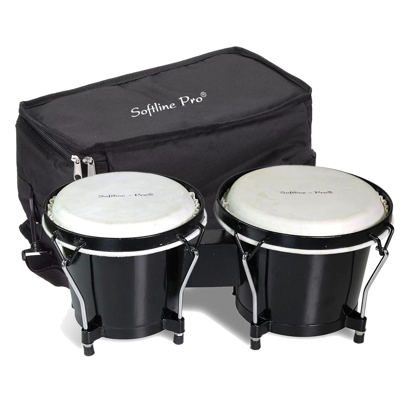 Softline Pro SP-BNG-BK Bongo Drum Set with Tuning Wrench & Padded Professional Wooden Percussion Instrument for Beginner Adults Kids - Natural Skin (Black)