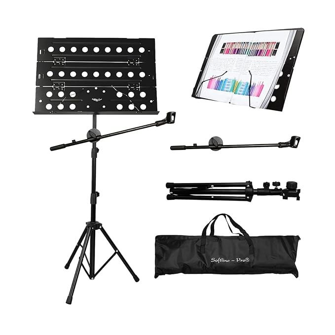 Softline Pro SP 222-Y Foldable Music Notation Sheet Stand With Microphone Boom Arm and Carry Bag - 2 Steps Height Adjustable