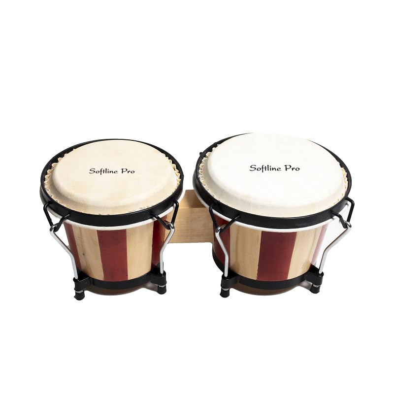 Softline Pro SP-BNG-RNT Bongo Drum Set with Tuning Wrench & Padded Professional Wooden Percussion Instrument for Beginner Adults Kids - Natural Skin (Red Stripe - Normal)