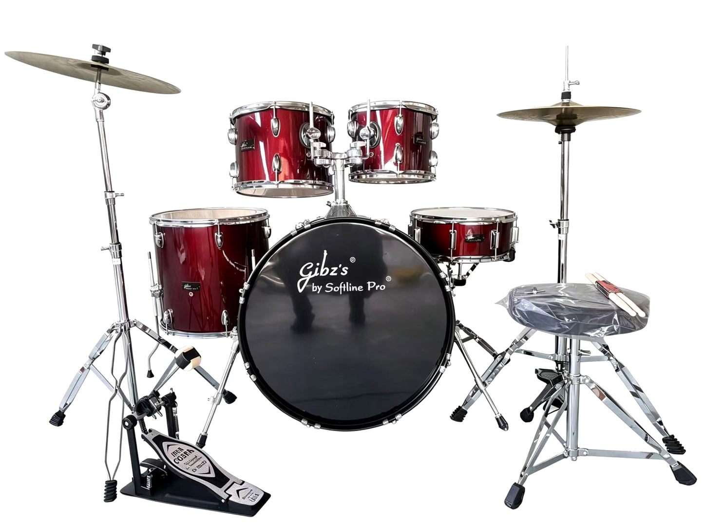 Gibz's 22mm Acoustic Drum Kit Set 5-Piece Professional Drum Set with Iron Cobra Single Bass Drum Pedal, Cymbals, Drum Throne, Hardware & 5A Drumsticks Complete Drum Kit for Beginners, Students & Adults