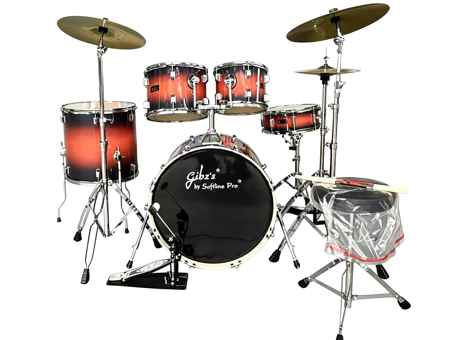 Gibz's 25mm Acoustic Drum Kit Set with 5-Piece Drum Set, Iron Cobra Single Bass Drum Pedal, Cymbals, Drum Throne, Hardware Pack & 5A Drumsticks Complete Professional Drum Set for Beginners, Students & Adults