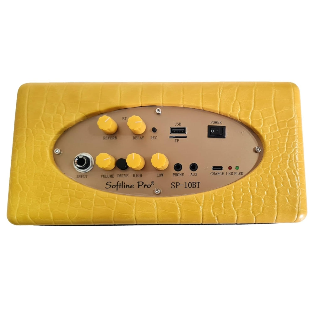Softline Pro SP 10BT Electric Semi Acoustic Guitar Amplifier 10W Output BT Portable Amp Speaker with Delay Effect 3.5mm Earphone Jack Aux Volume Tone Control (Yellow)