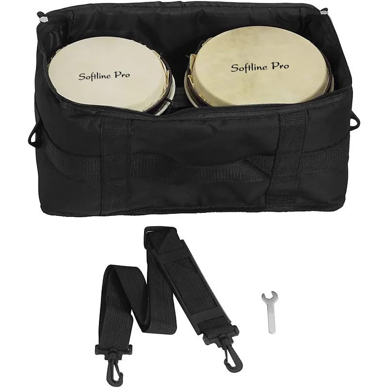 Softline Pro SP-BNG-BK Bongo Drum Set with Tuning Wrench & Padded Professional Wooden Percussion Instrument for Beginner Adults Kids - Natural Skin (Black)