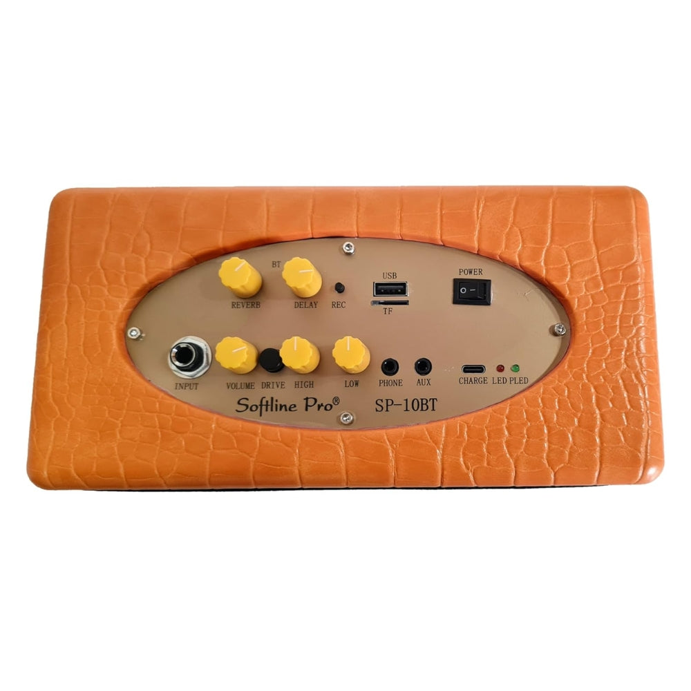 Softline Pro SP 10BT Electric Semi Acoustic Guitar Amplifier 10W Output BT Portable Amp Speaker with Delay Effect 3.5mm Earphone Jack Aux Volume Tone Control (Orange)