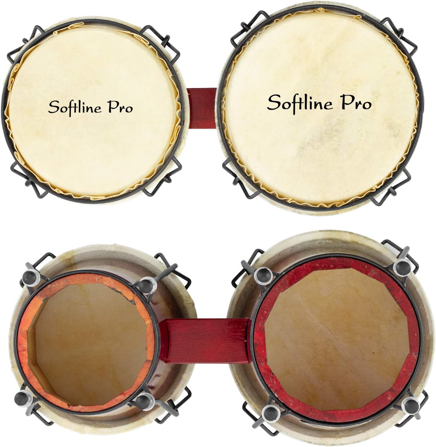Softline Pro SP-BNG-RD Bongo Drum Set with Tuning Wrench & Padded Professional Wooden Percussion Instrument for Beginner Adults Kids - Natural Skin (Red)