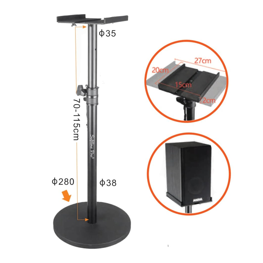 Softline Pro Heavy Duty Studio Monitor Stand Round Base with Adjustable Top Plate 15-27cm - Single (SP 904 RV)