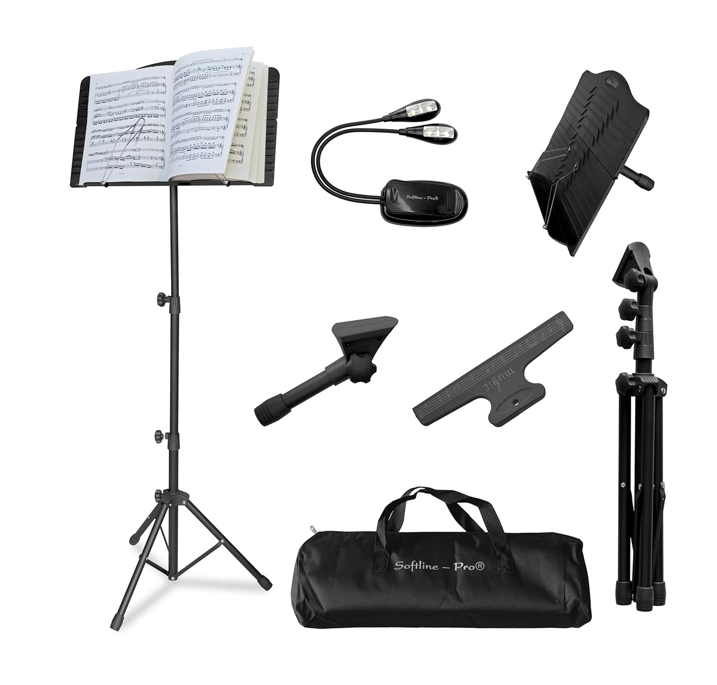 Softline Pro Music Stand, Portable & Foldable Professional Notation Stand with Light and Bag, Tabletop Music Book Stand for Guitar, Ukulele, Violin Players (SP-ABSP-FMUS-KIT)