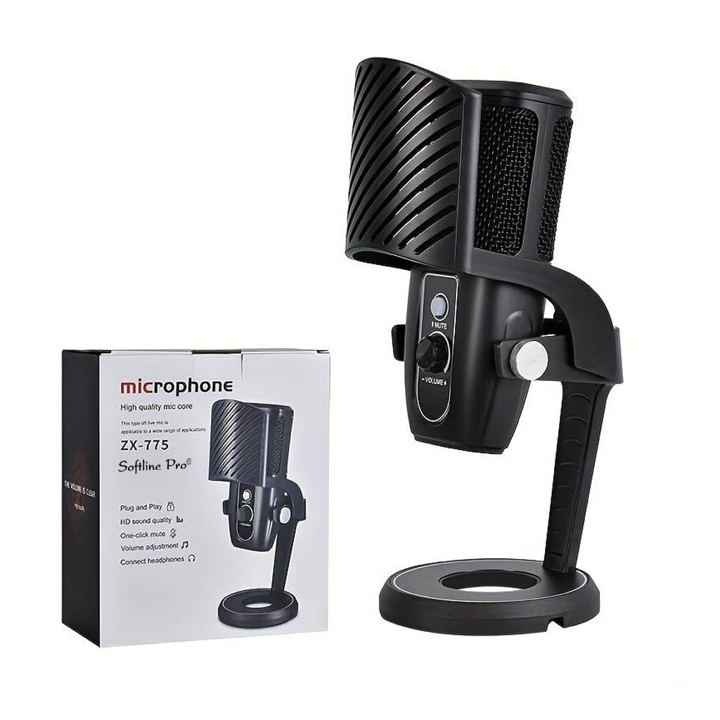 Softline Pro USB Condenser Microphone SP ZX-775 with Table Top Stand for PC Streaming,Podcasts,Recording,Mute Touch,Volume Control,Headphone Monitor,Pop Filter