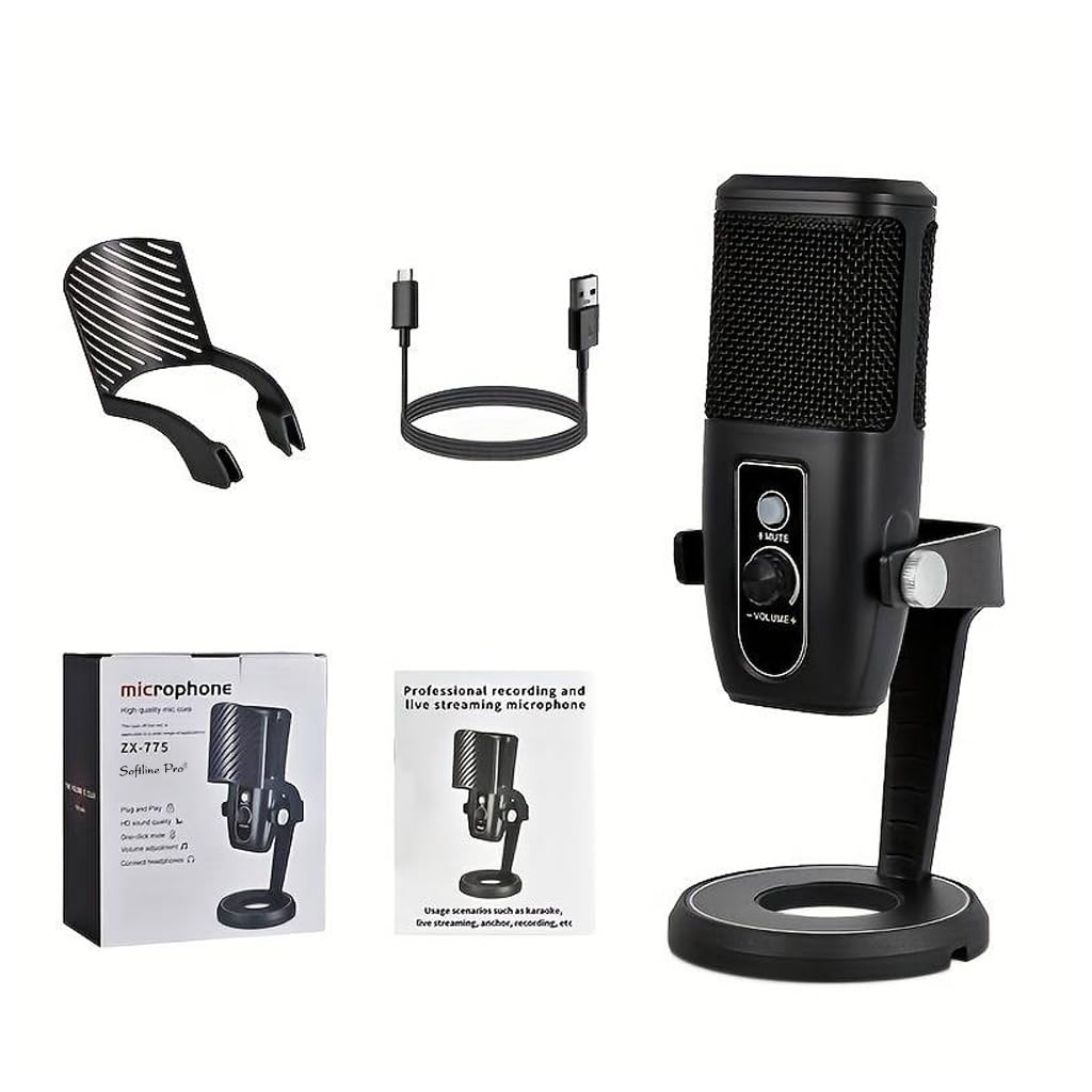Softline Pro USB Condenser Microphone SP ZX-775 with Table Top Stand for PC Streaming,Podcasts,Recording,Mute Touch,Volume Control,Headphone Monitor,Pop Filter