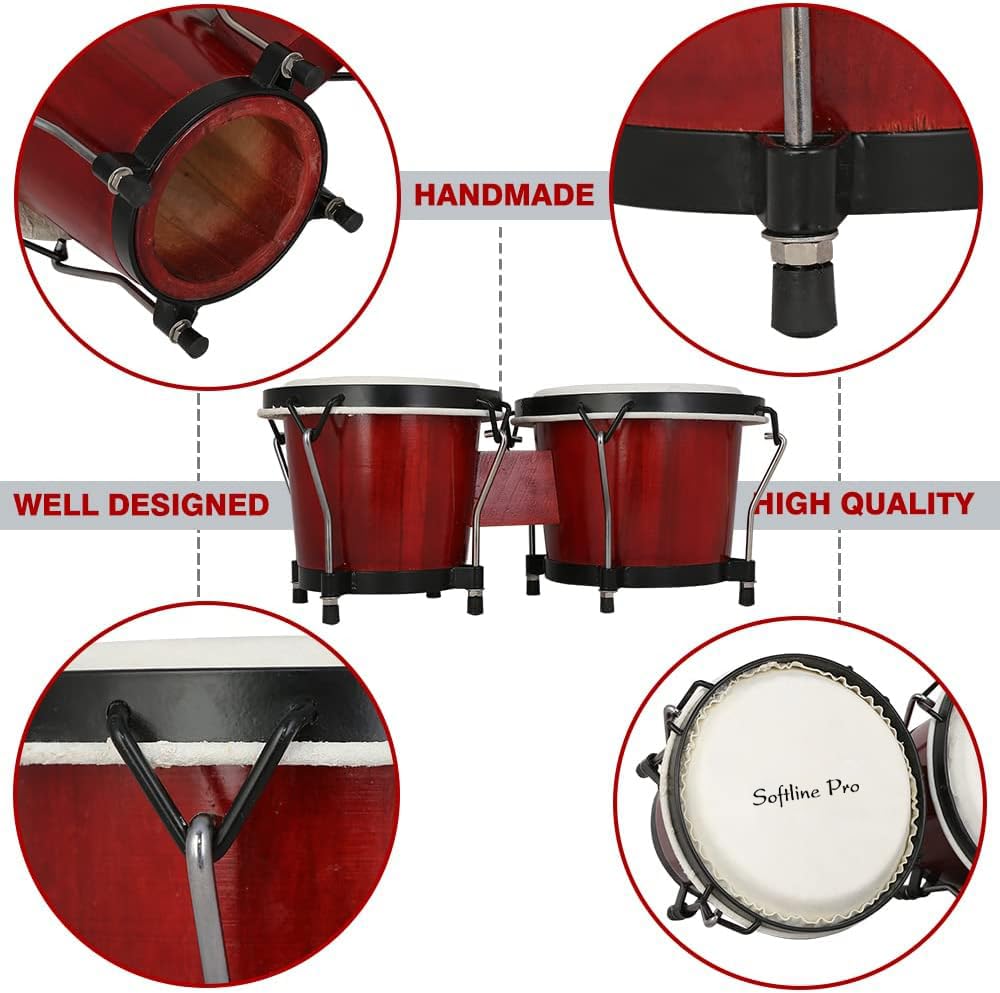 Softline Pro SP-BNG-RD Bongo Drum Set with Tuning Wrench & Padded Professional Wooden Percussion Instrument for Beginner Adults Kids - Natural Skin (Red)