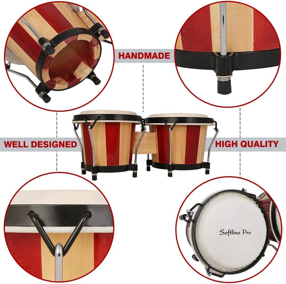 Softline Pro SP-BNG-RNT Bongo Drum Set with Tuning Wrench & Padded Professional Wooden Percussion Instrument for Beginner Adults Kids - Natural Skin (Red Stripe - Normal)