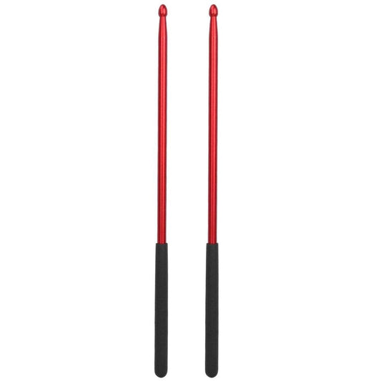 Two red drumsticks with black ends on a white background