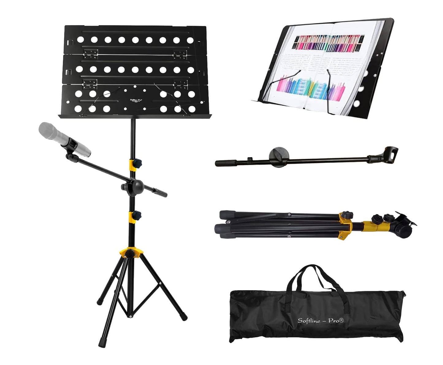 Softline Pro SP 222-Y Foldable Music Notation Sheet Stand With Microphone Boom Arm and Carry Bag - 2 Steps Height Adjustable