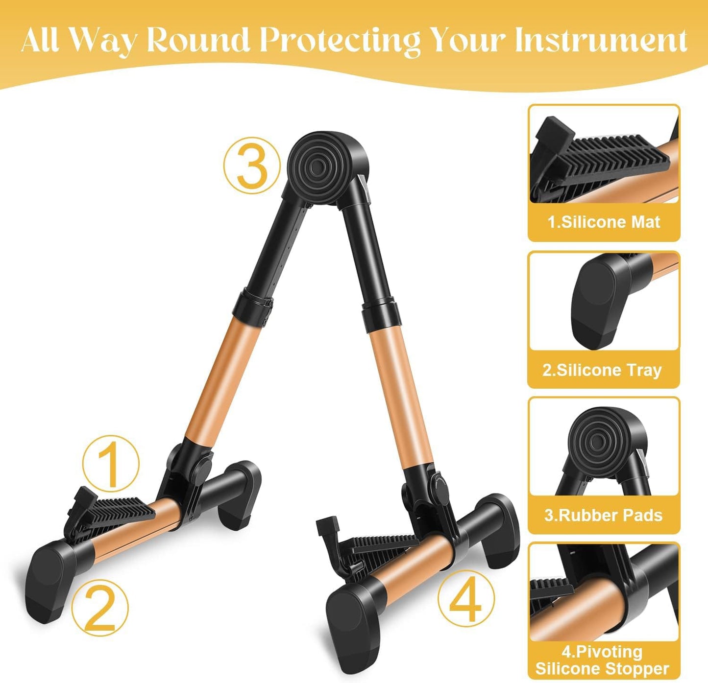 Softline Pro Guitar Stand for Home, Folding Instrument Stand for Acoustic, Electric, Classical Guitars, Violin, Ukulele & Bass, Portable and Lightweight, Easy to fold (SP24-A Gold)