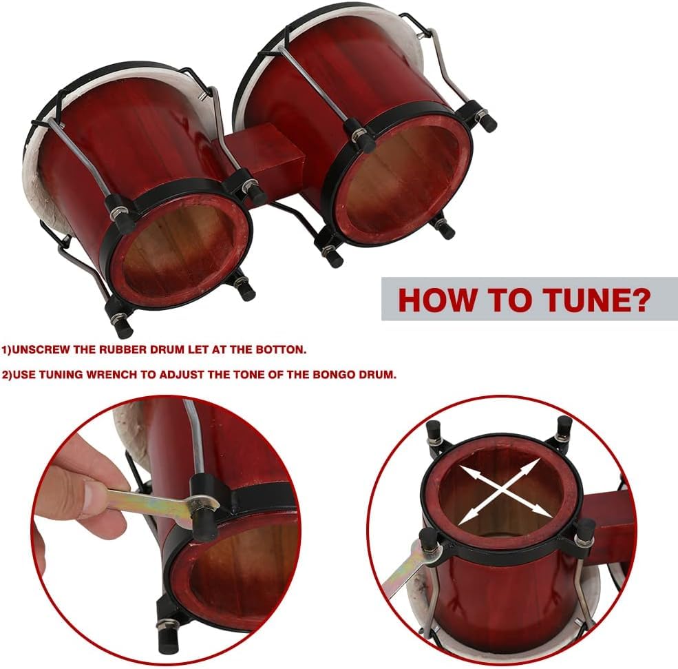 Softline Pro SP-BNG-RD Bongo Drum Set with Tuning Wrench & Padded Professional Wooden Percussion Instrument for Beginner Adults Kids - Natural Skin (Red)