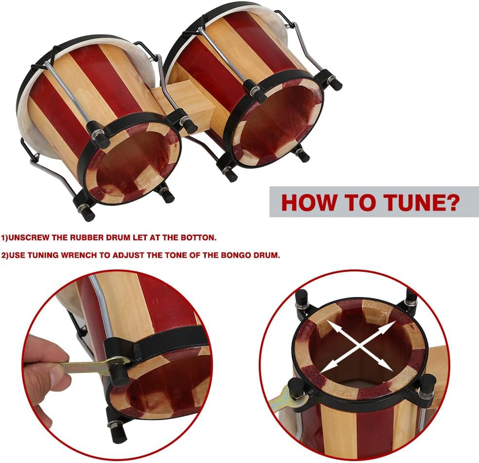 Softline Pro SP-BNG-RNT Bongo Drum Set with Tuning Wrench & Padded Professional Wooden Percussion Instrument for Beginner Adults Kids - Natural Skin (Red Stripe - Normal)