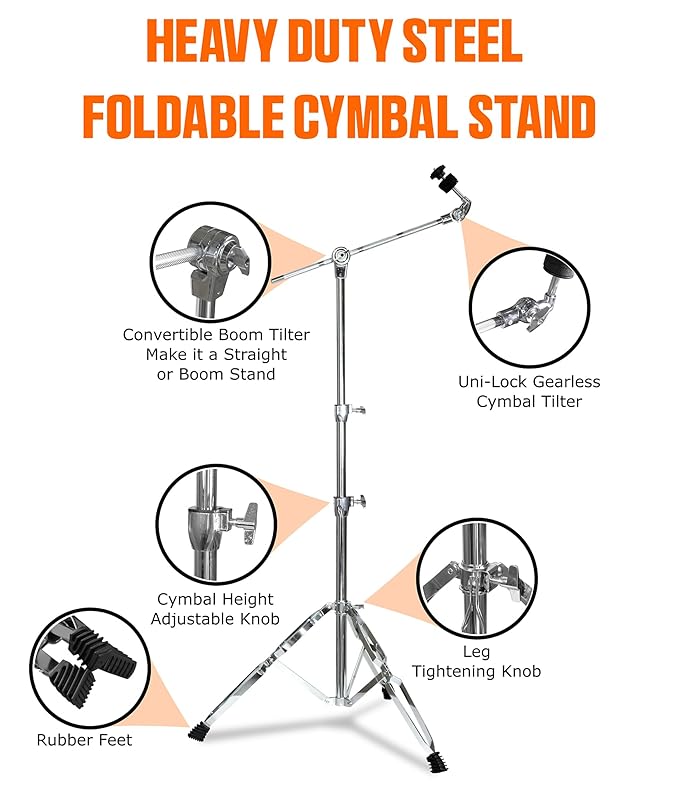 Softline Pro SP-CS-H Double-Braced Cymbal Boom Stand Height Adjustment Medium Weight Boom Stand Sturdy Double-Braced Tripod legs Cymbal Stand (Cymbal Stand - H)
