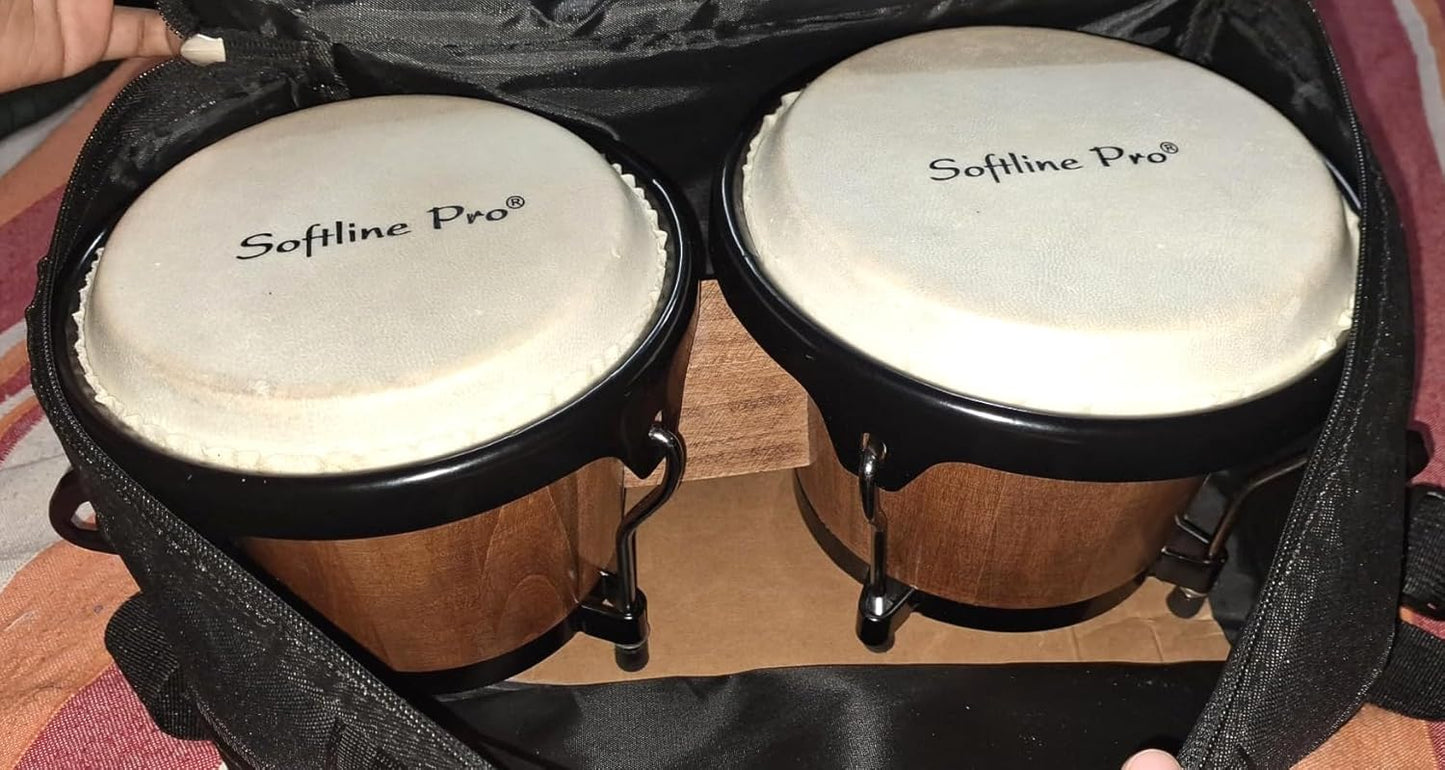 Softline Pro Bongo Drum Set with Tuning Wrench Professional Wooden Percussion Instrument for Beginner Adults Kids (Natural Skin) (Tobacco)
