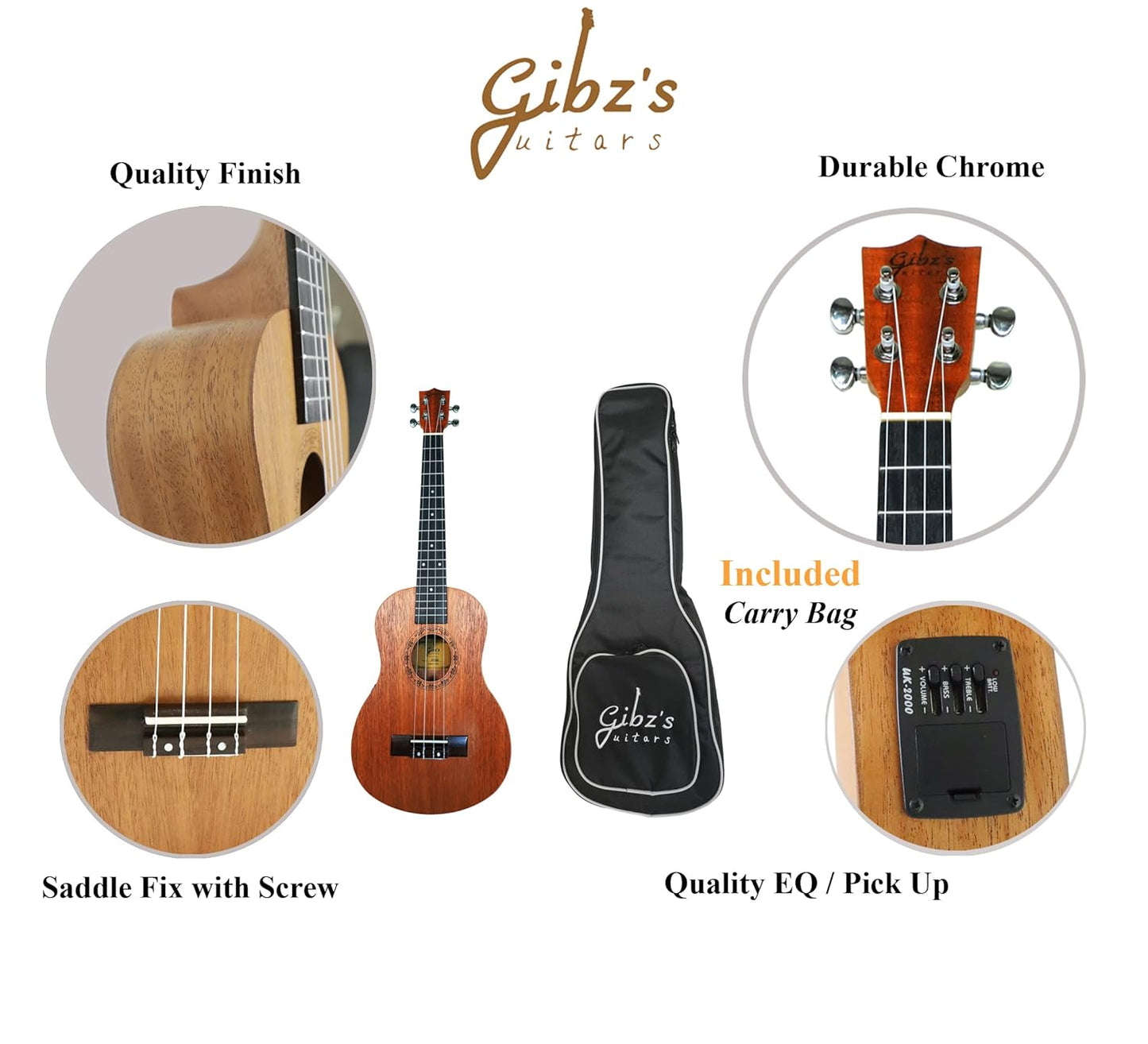 Gibz's guitars UK26 EQ 26 Inches Solid Mahogany Top Premium Electro-Acoustic Tenor Ukulele With EQ & Gigbag (26 Inches, With EQ)