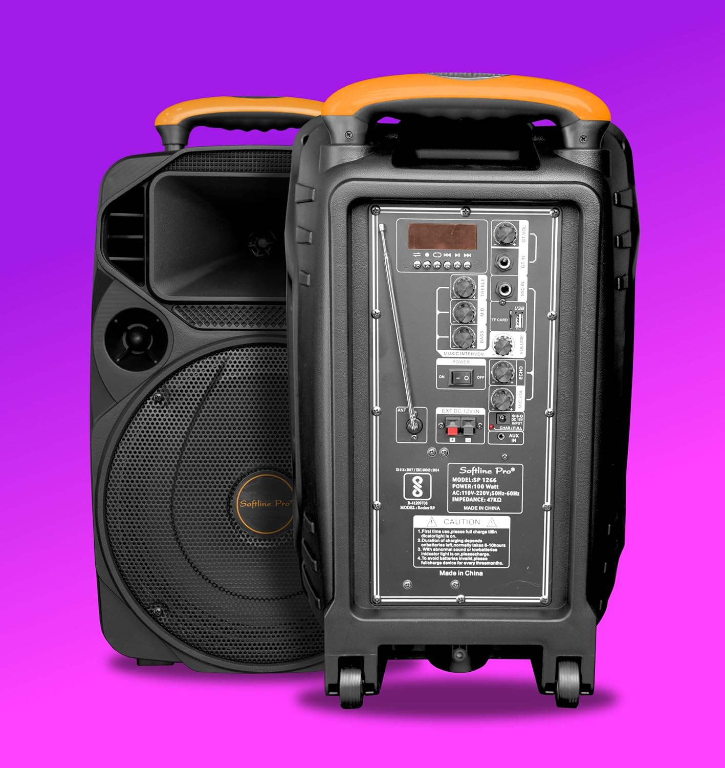 Softline Pro SP-1266 Portable Trolley Speaker 12 Inch Multimedia BT, Karaoke with Audio Recording, USB, SD, FM PA System with 2 Wireless Microphone