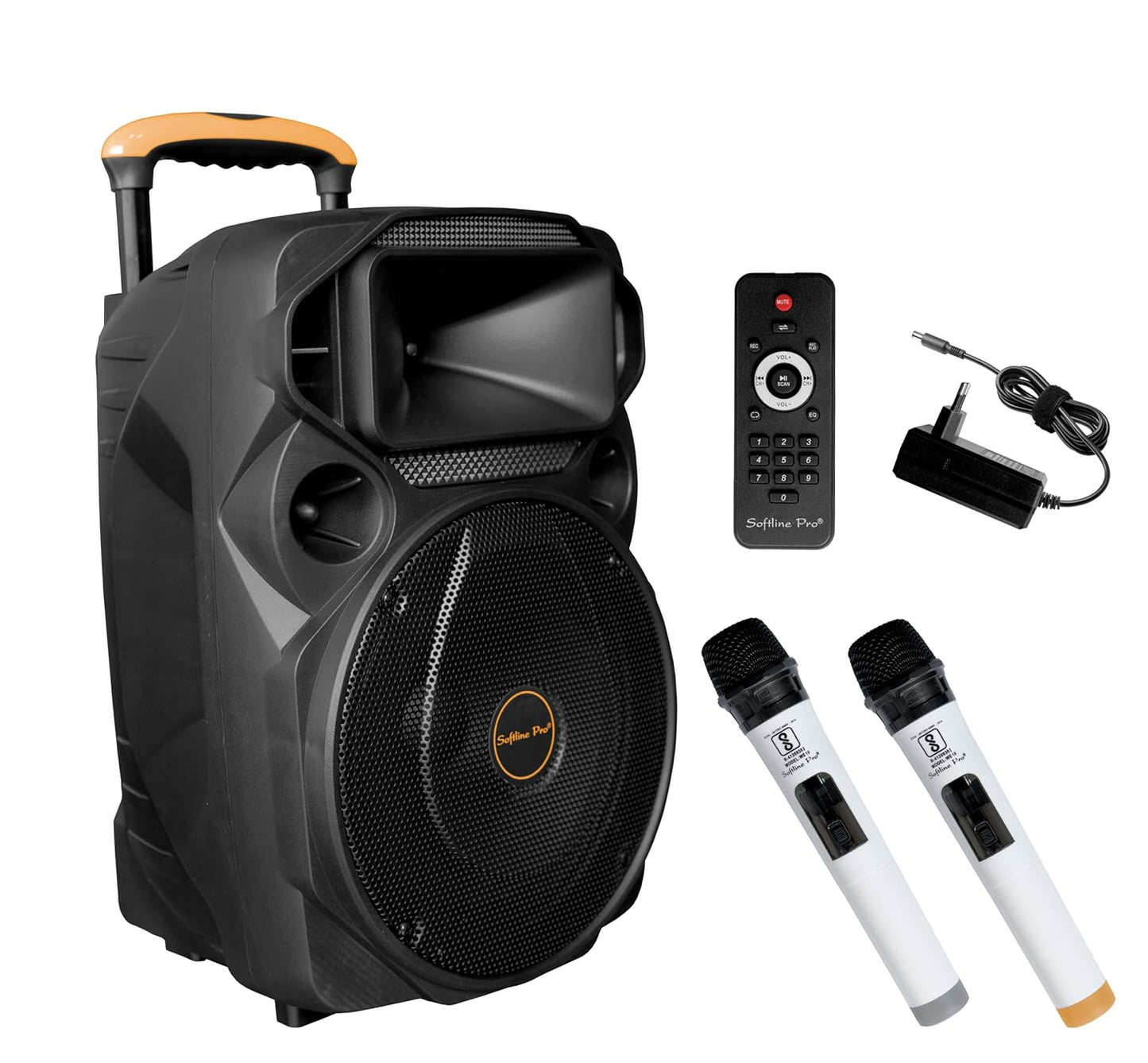 Softline Pro SP-1266 Portable Trolley Speaker 12 Inch Multimedia BT, Karaoke with Audio Recording, USB, SD, FM PA System with 2 Wireless Microphone