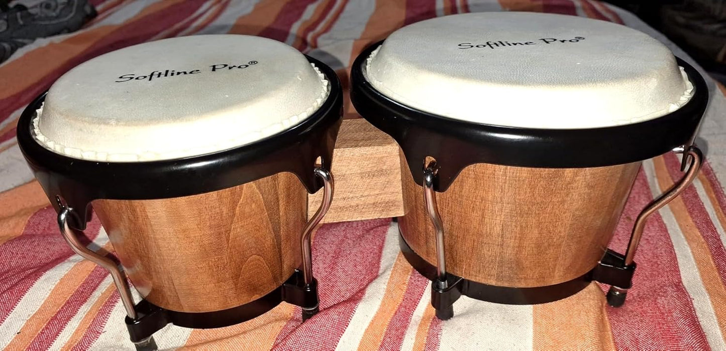 Softline Pro Bongo Drum Set with Tuning Wrench Professional Wooden Percussion Instrument for Beginner Adults Kids (Natural Skin) (Tobacco)