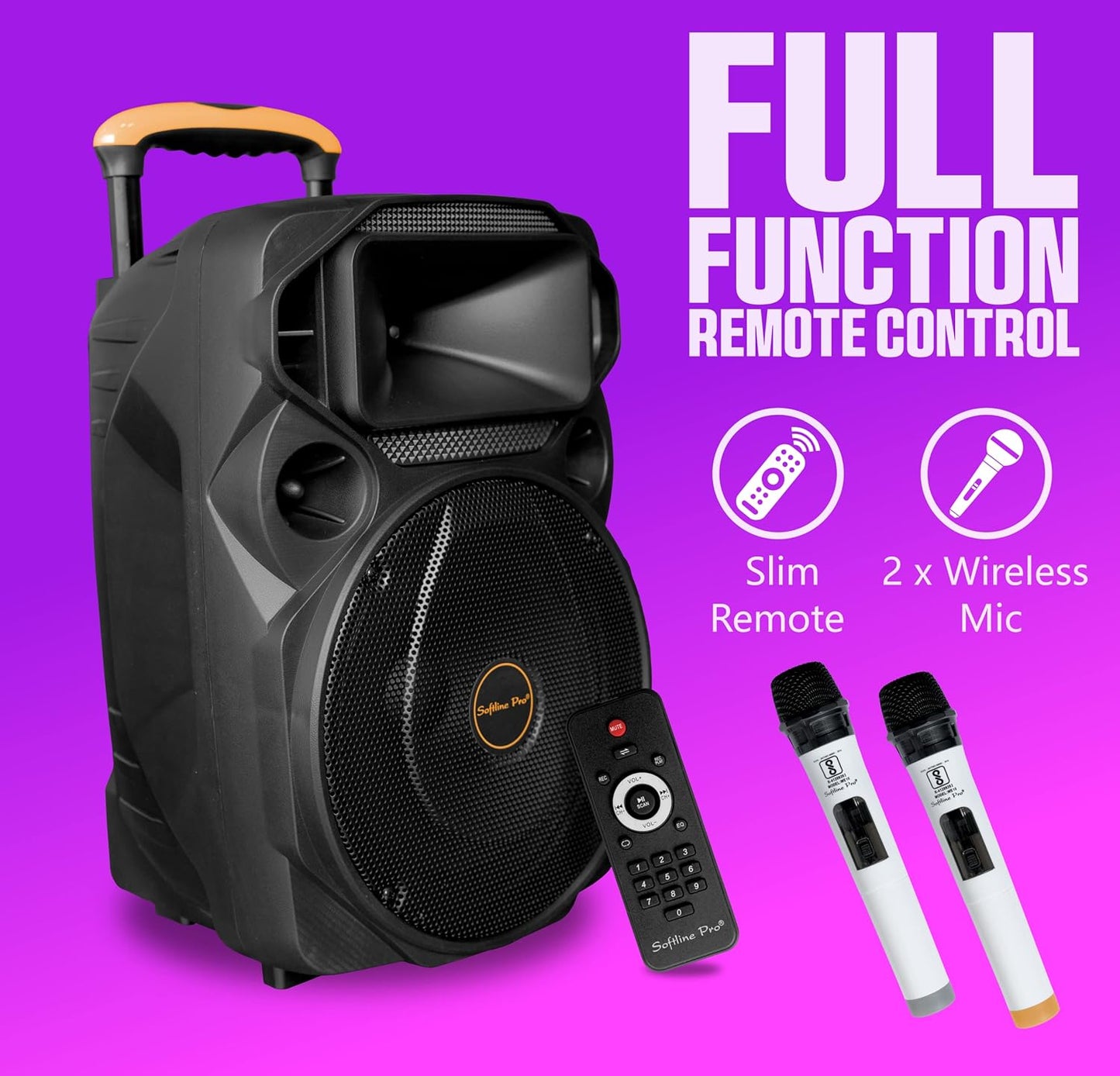Softline Pro SP-1266 Portable Trolley Speaker 12 Inch Multimedia BT, Karaoke with Audio Recording, USB, SD, FM PA System with 2 Wireless Microphone