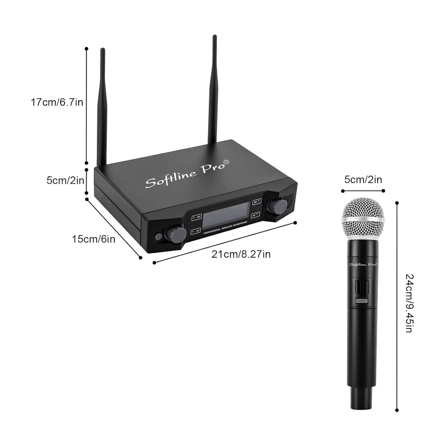 Wireless microphone system with receiver and microphone, showing dimensions on a white background.