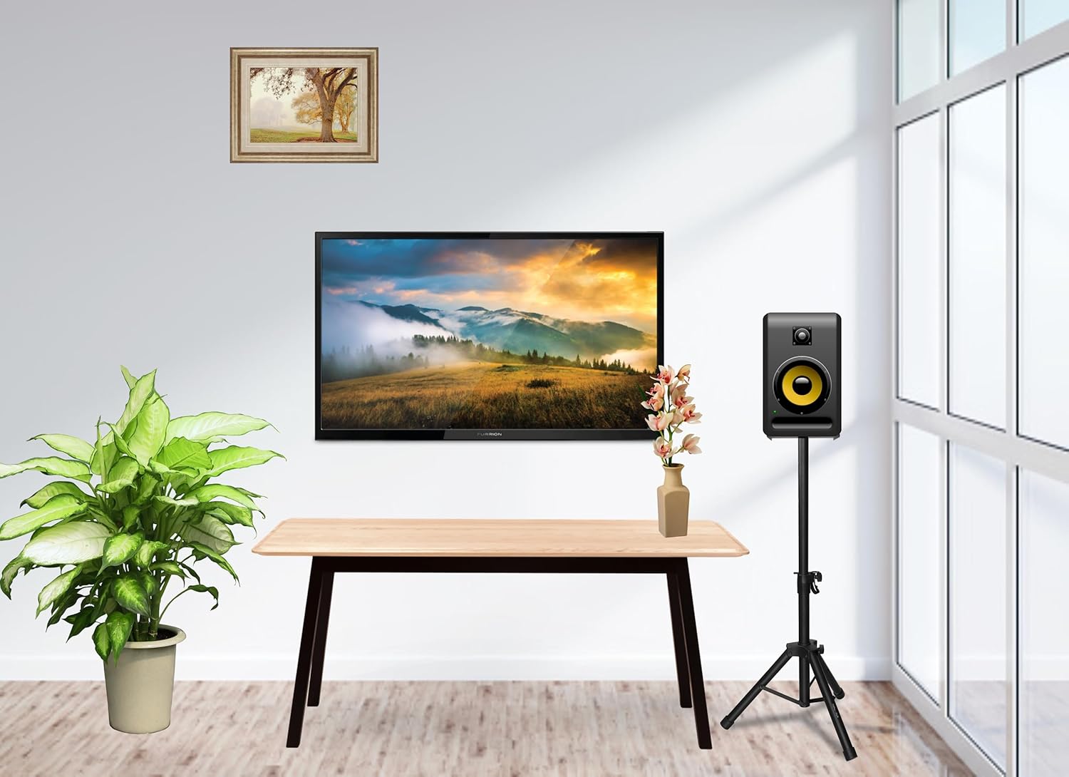 SP80 stand with studio monitors in use (3.5–8 inches), 
Single tripod speaker stand