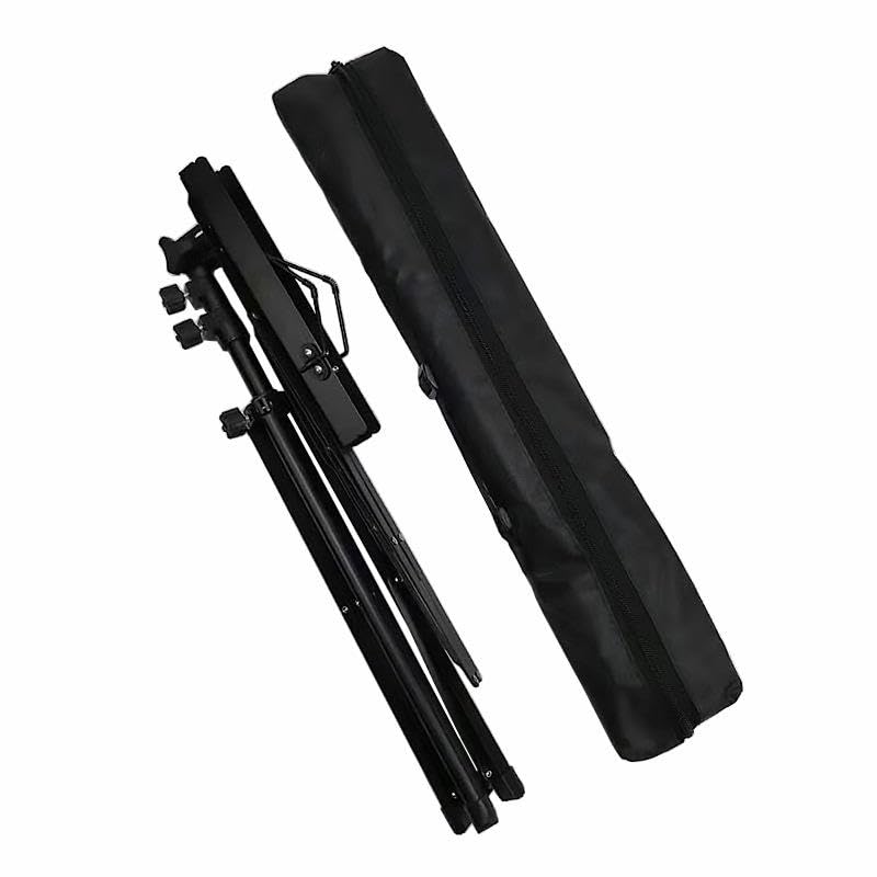 Black tripod and carrying case on a white background