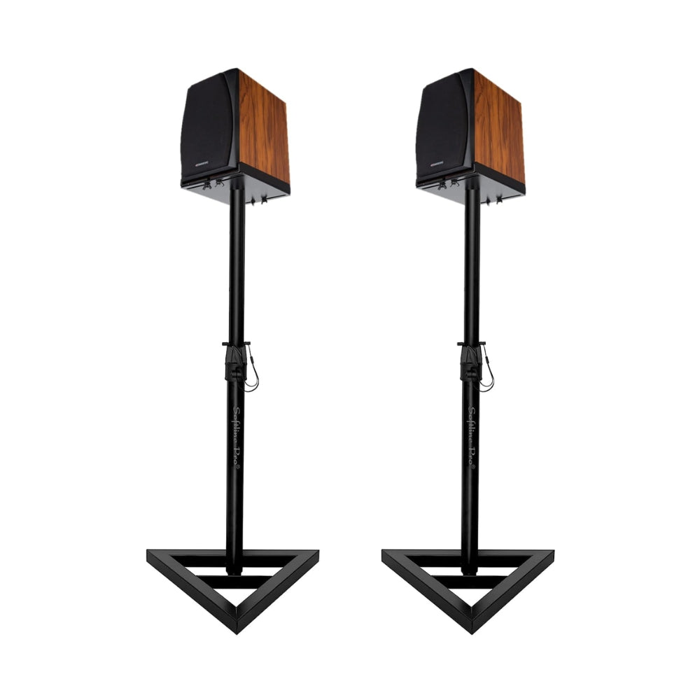 Side view of the monitor stands highlighting their solid build, vertical posts, and triangular leg support.