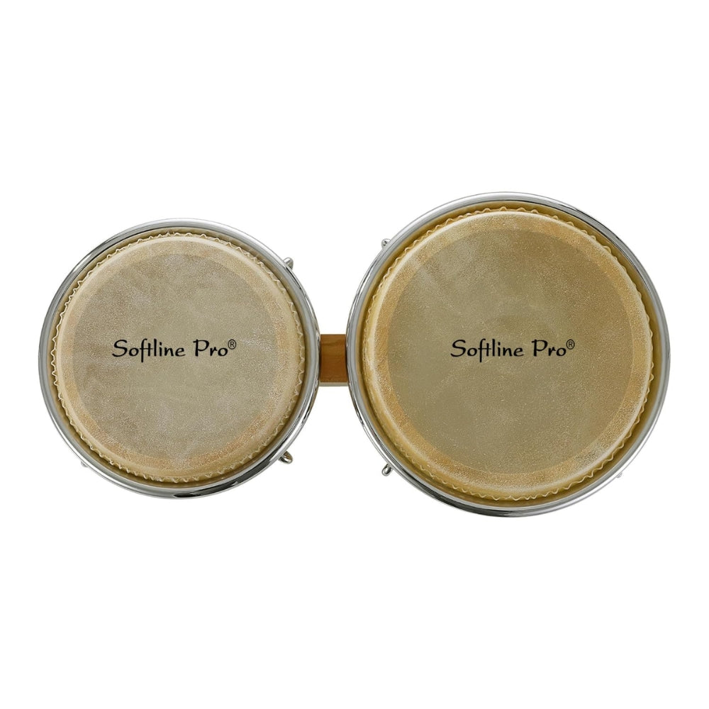 Side profile of wooden bongos showcasing glossy shell finish and wooden grain.