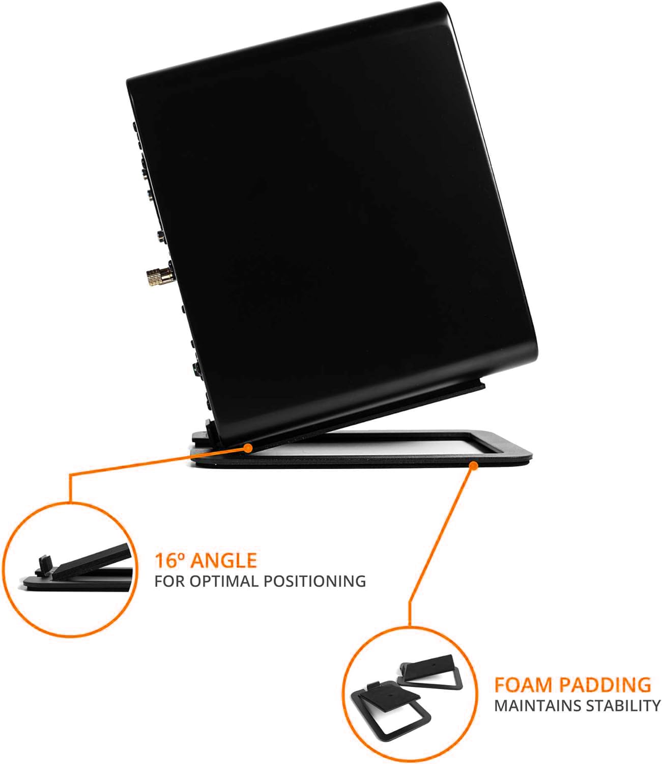 Black compact speaker stands with anti-vibration foam base,
Anti-vibration speaker stand for desk