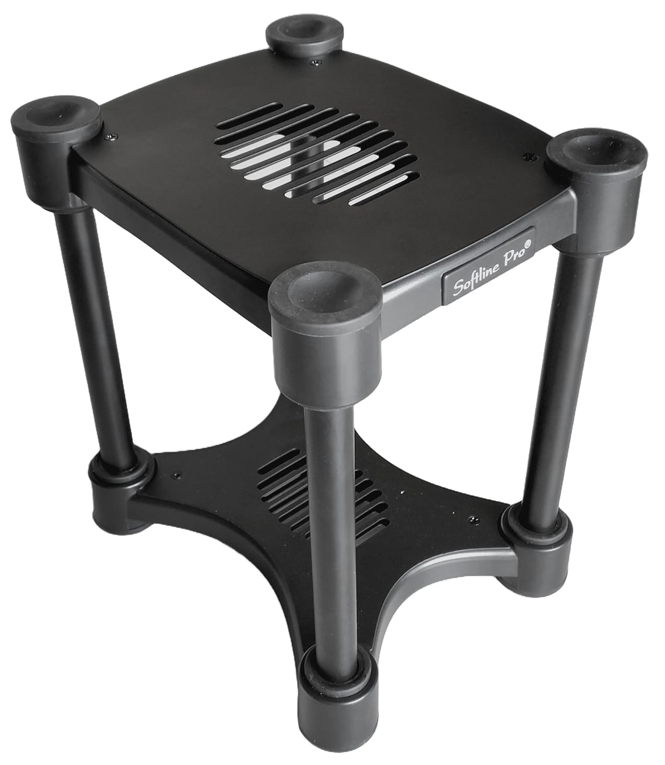 Black isolation speaker stand for professional audio setup,
Height and tilt adjustable speaker stand