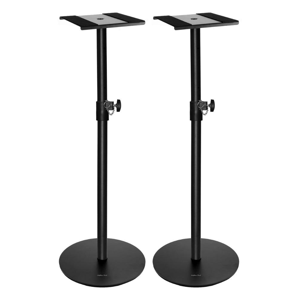 Pair of Softline Pro SP 801 HR speaker stands with adjustable height and sturdy round metal base, black finish