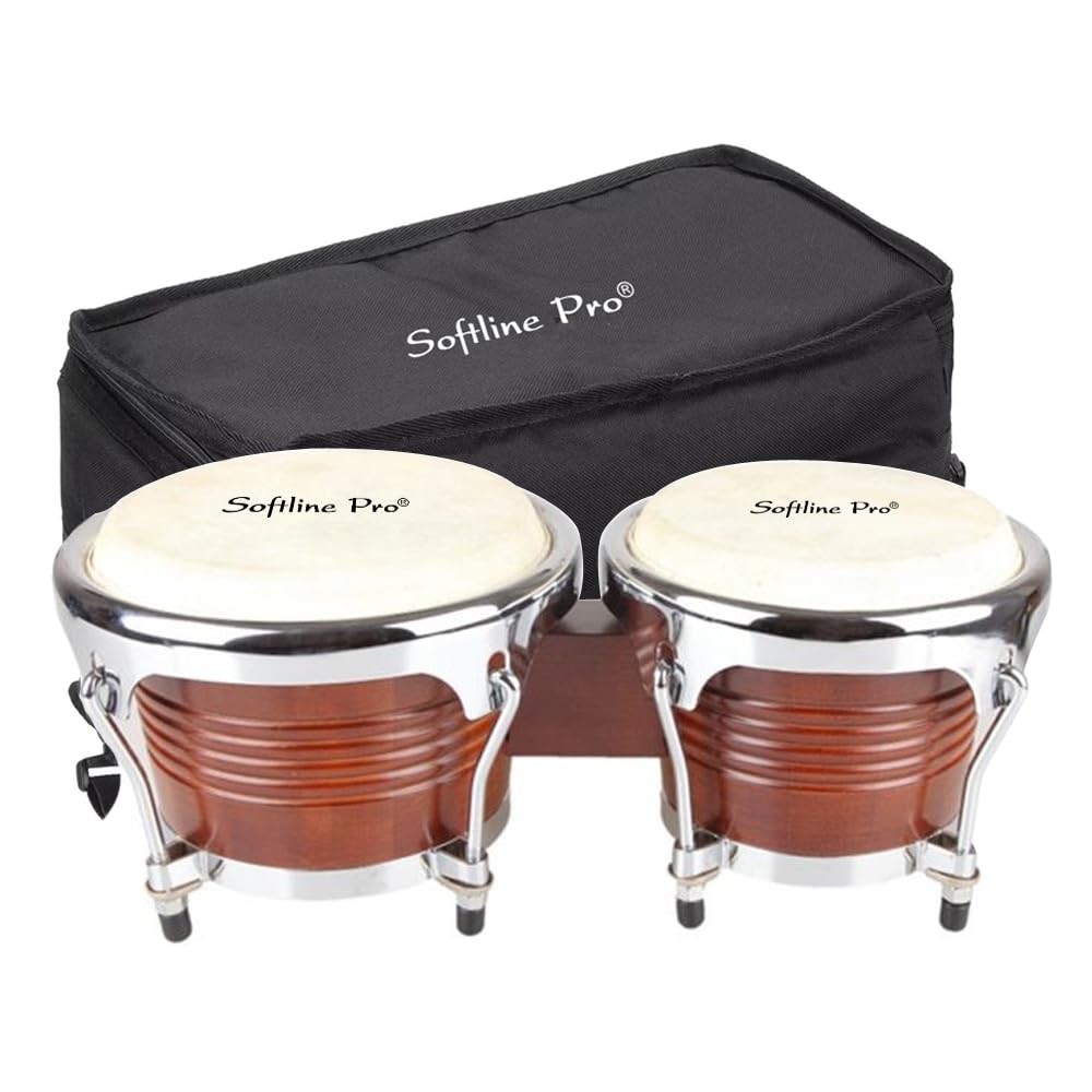 Softline Pro wooden bongo drums with natural skin heads and chrome rims