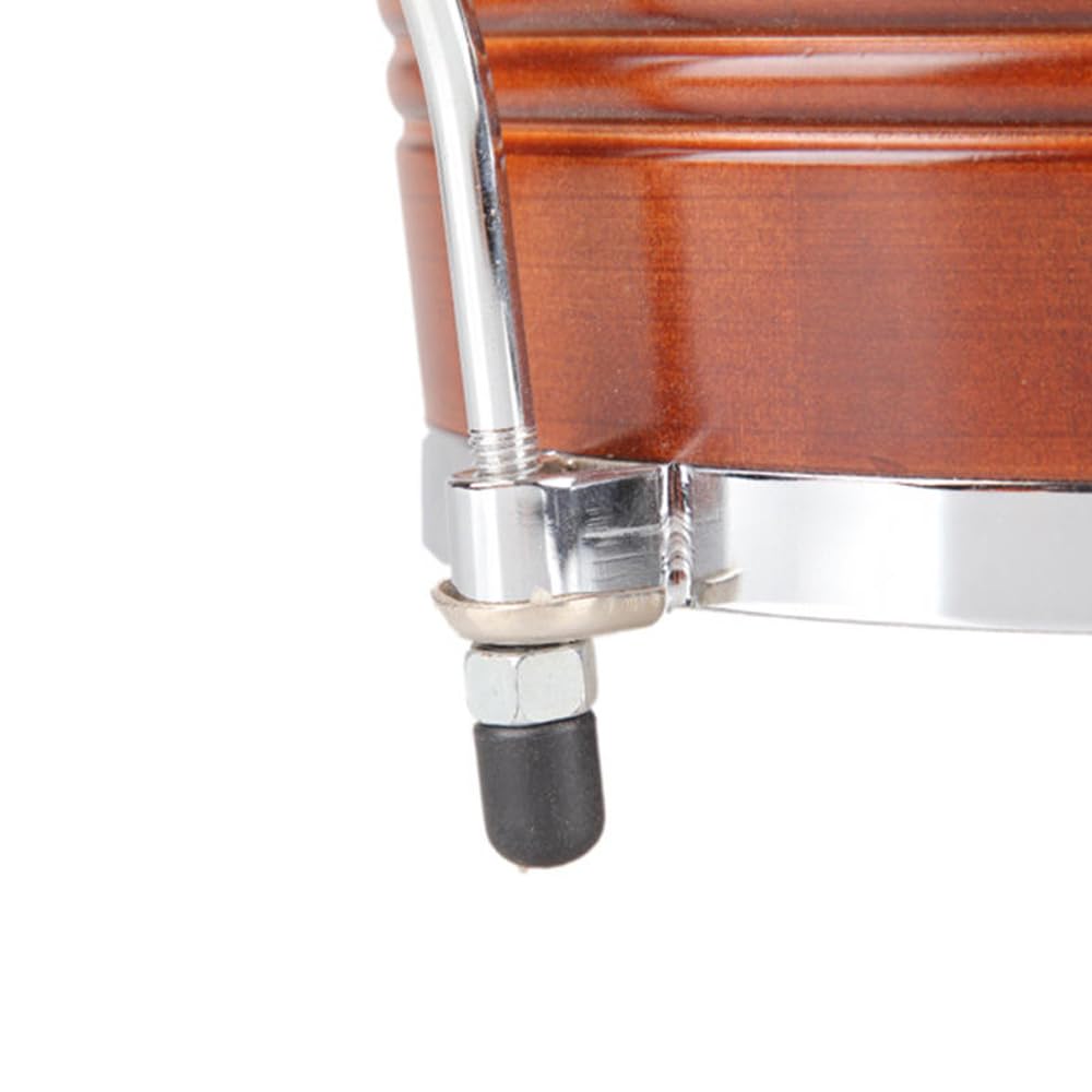 Close-up of chrome-plated rims and tuning lugs on bongo drums
