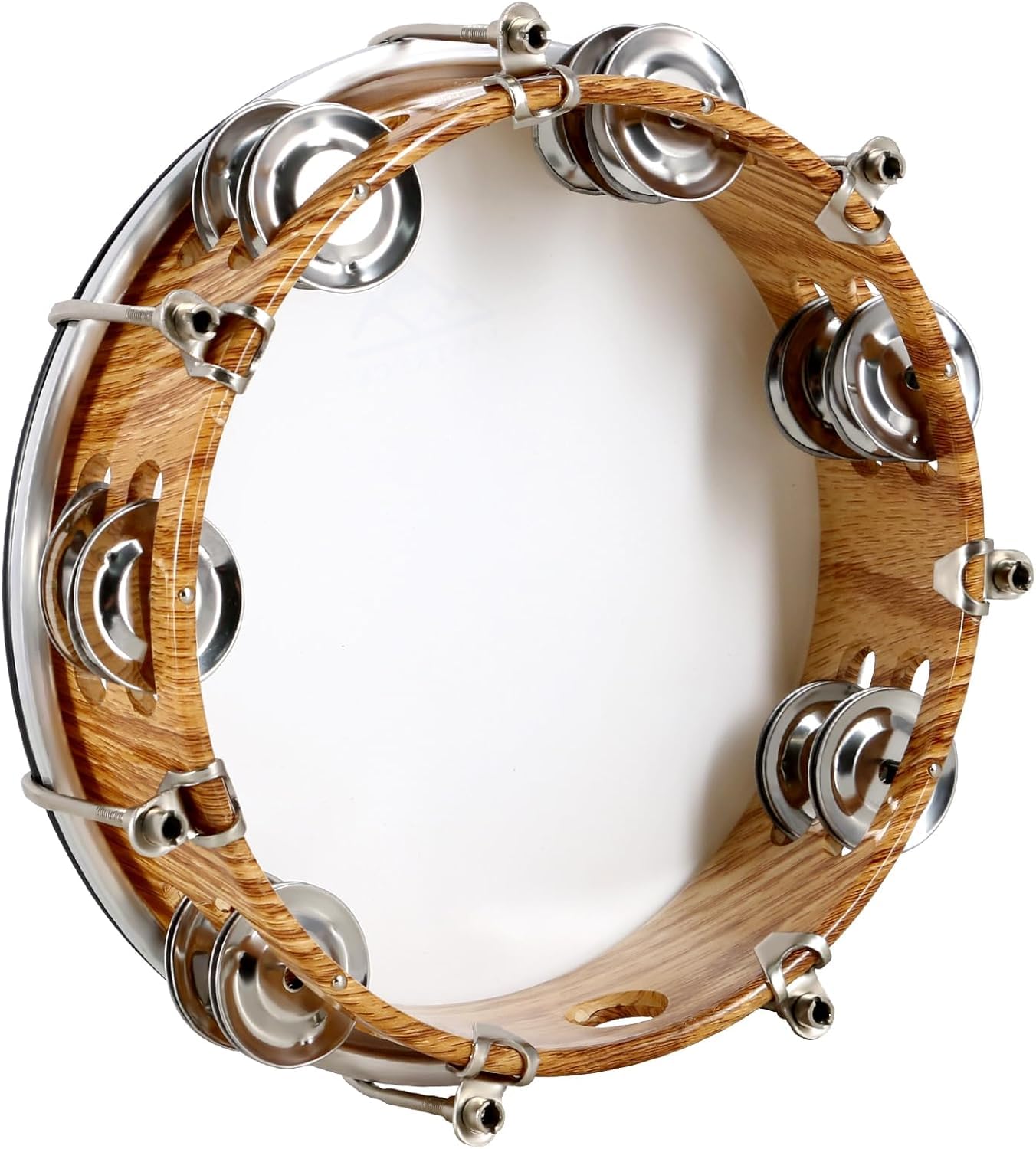 Person shaking a handheld tambourine to produce sound using bell blades