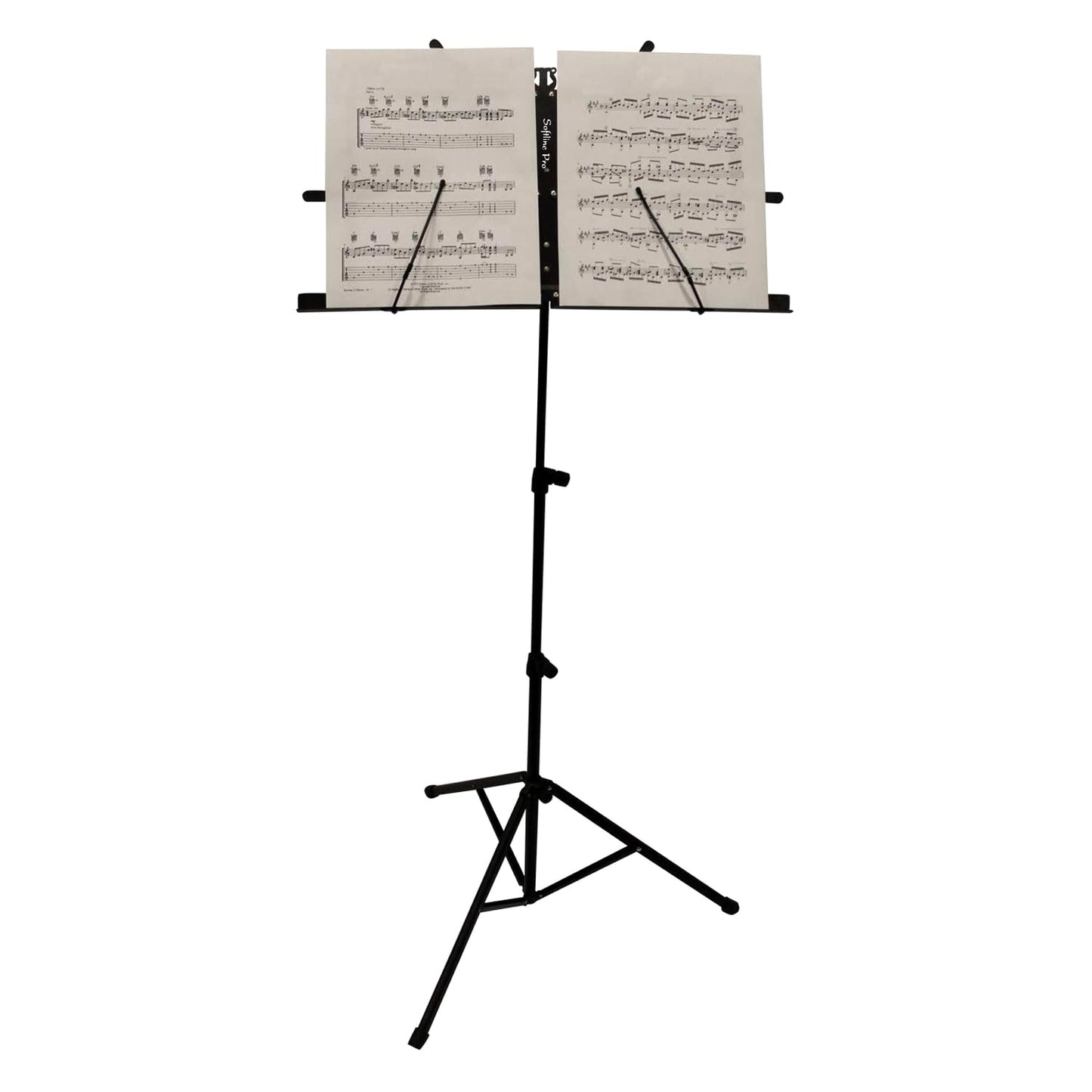 Music stand with sheet music on a white background
