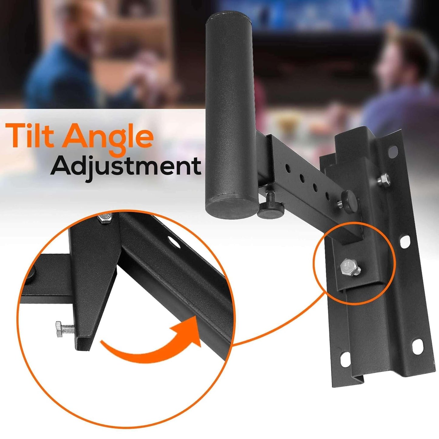 TV mount with tilt angle adjustment feature on a blurred indoor background
