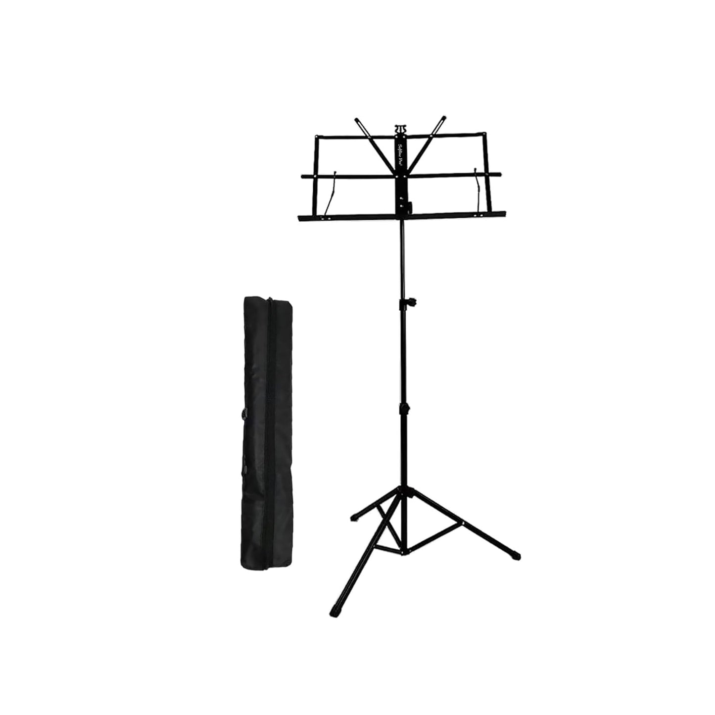 Black music stand with carrying bag on a white background