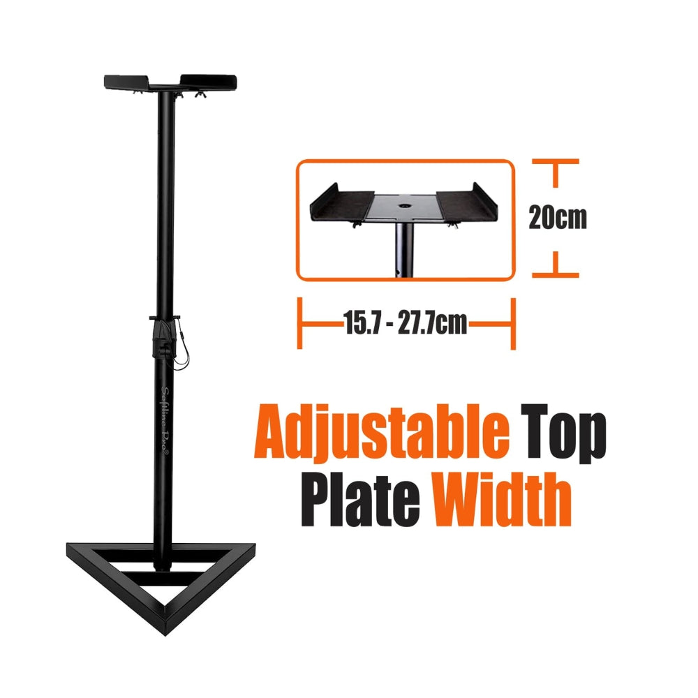 Zoomed-in image of adjustable top plates for speaker alignment on Softline Pro studio monitor stands.