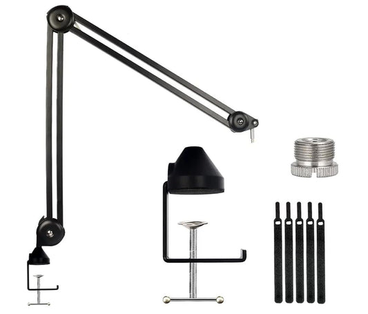 Black Softline Pro heavy-duty microphone boom arm with springless design, attached to a desk clamp, displayed with accessories on a white background.