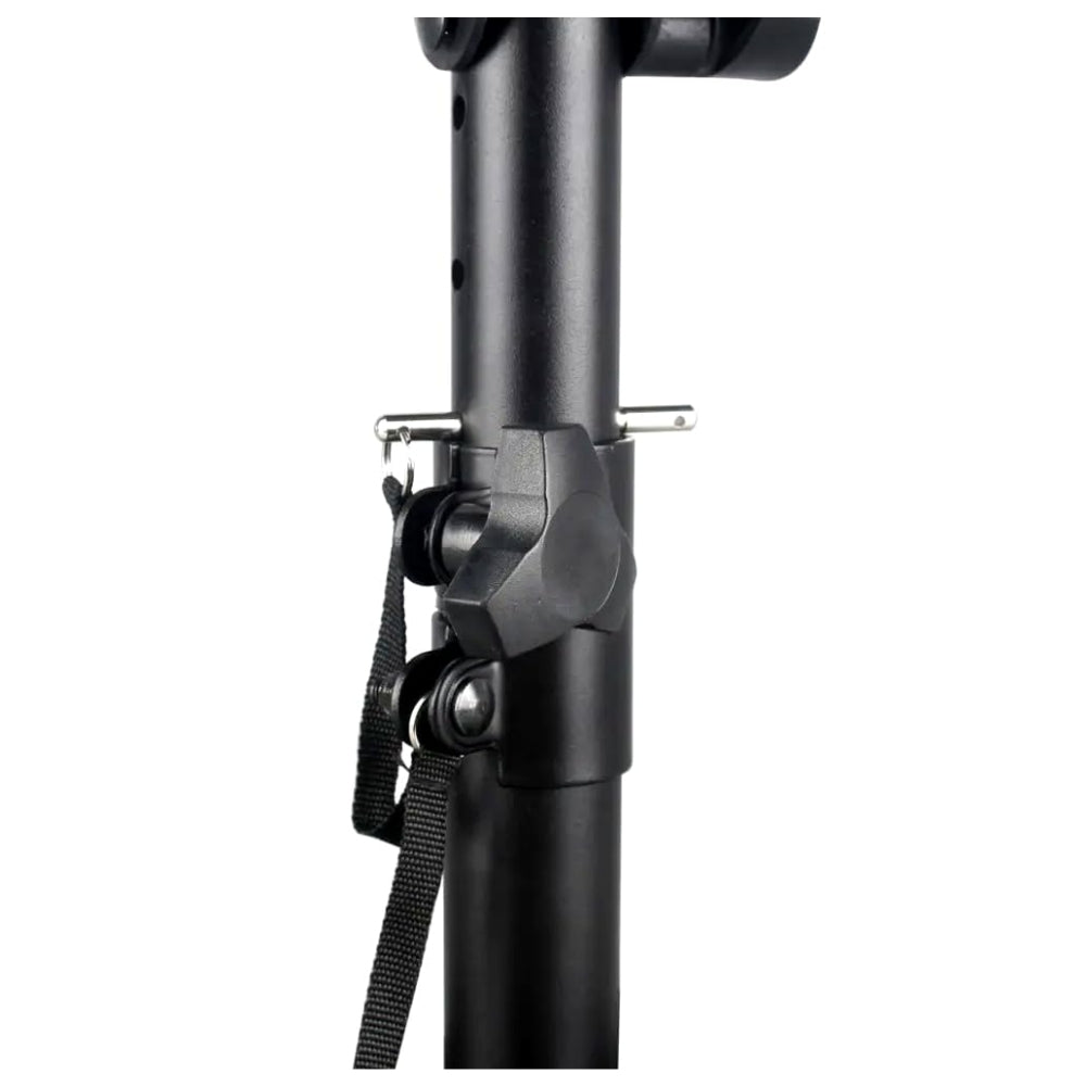 Infographic highlighting tilt range and base support, 
Desktop speaker stand with wide top plate