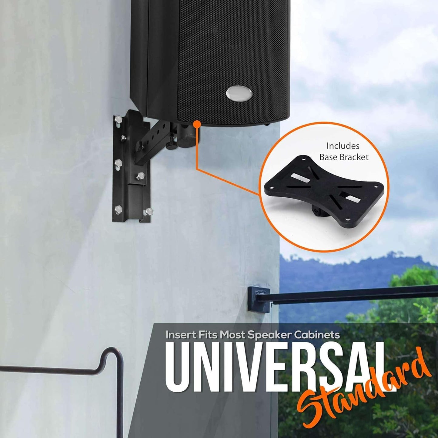 Wall mount for speaker cabinets with base bracket on a white background