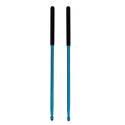 A pair of blue aluminum drum sticks with integrated metal design and anti-slip grip.
