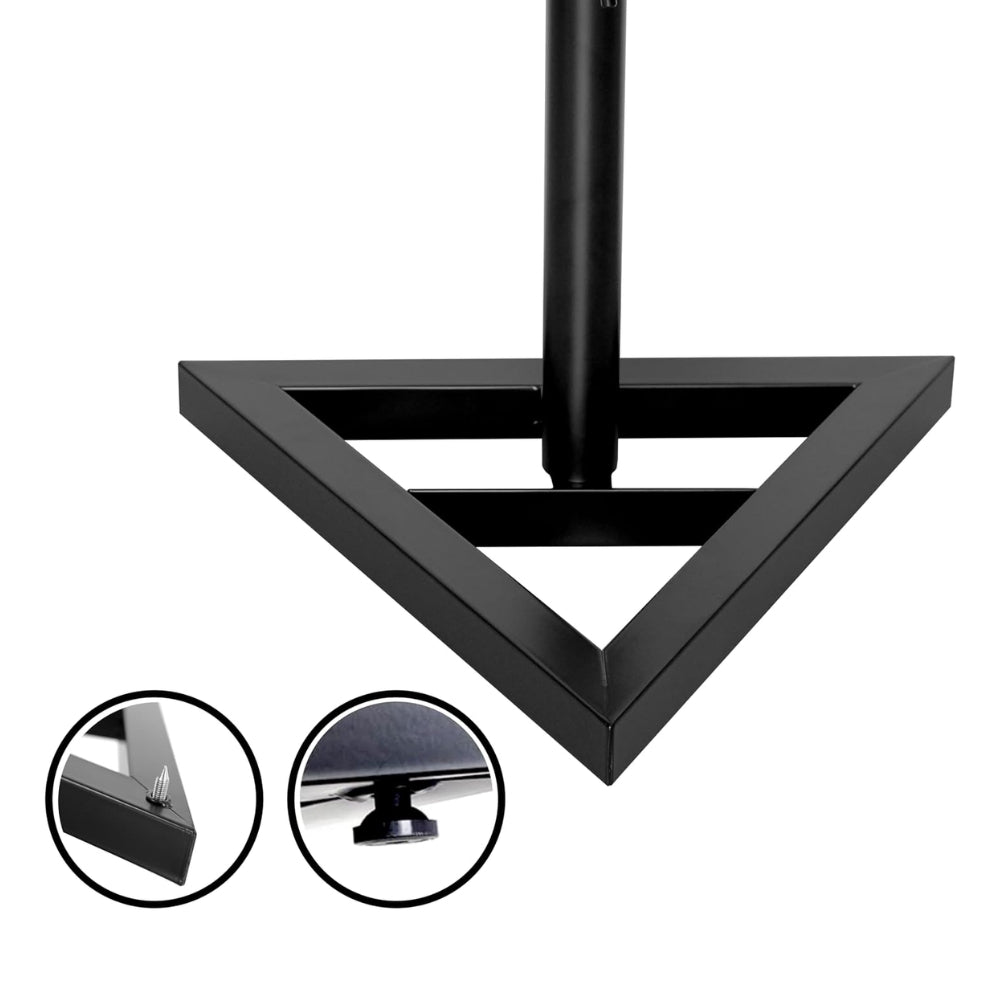 Detailed view of the sturdy triangle base, designed for stability with heavy studio monitors.